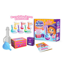 Baff Potions Bade-Set in Box mit Fläschchen, Trichter, Mischflasche und bunt illustrierten Anleitungen.