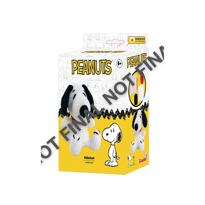 Gelbe Peanuts-Spielzeugbox mit Snoopy und dem Hinweis "NOT FINAL" auf dem Bild.
