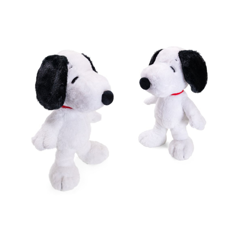 Zwei Plüsch-Snoopy-Figuren mit schwarzen Ohren und roten Halsbändern stehen sich auf weißem Hintergrund gegenüber.