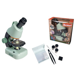 Mikroskop-Set für Kinder mit Objektträgern, Pinzette, Probenbehältern und Verpackung.