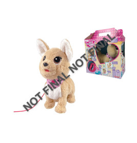 Plüschhund in Beige und Weiß mit pinkem Halsband vor bunter Verpackung; "NICHT FINAL" steht über dem Bild.