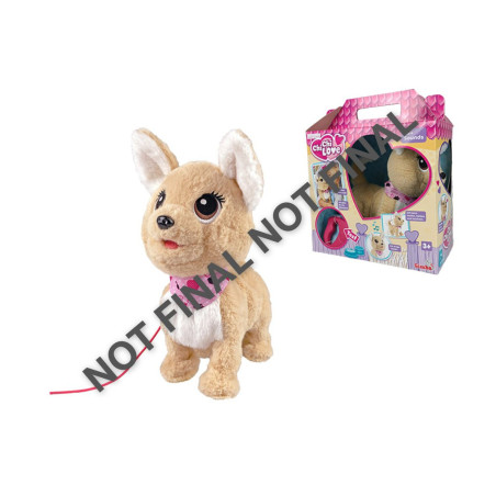 Plüschhund in Beige und Weiß mit pinkem Halsband vor bunter Verpackung; "NICHT FINAL" steht über dem Bild.