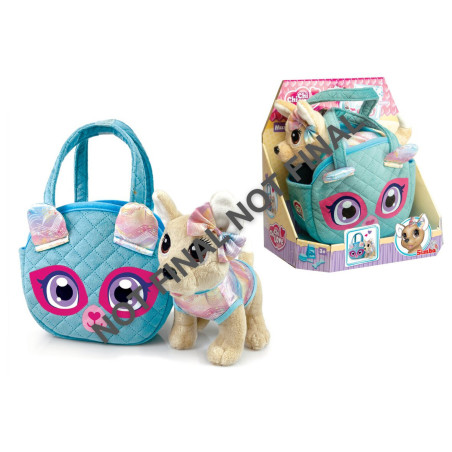 Plüschhundespielzeug mit blauer, gesteppten Tiergesicht-Tasche und Verpackung im Hintergrund.