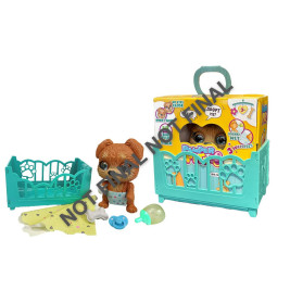 Spielzeug-Welpen-Set mit Zubehör: türkisfarbene Box, Decke, Fläschchen und Verpackung mit Aufschrift "Pomsies".