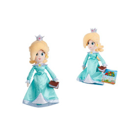 Zwei Plüschpuppen von Rosalina aus Super Mario tragen blaue Kleider und halten braune Bücher in den Händen.