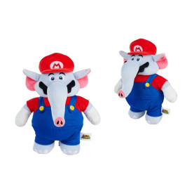 Plüschfigur: Mario als Elefant mit roter Mütze, blauer Latzhose und rotem Shirt aus zwei Blickwinkeln gezeigt.