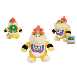Gelber Bowser Jr. Plüsch aus Super Mario, von vorne, hinten und seitlich gezeigt, mit Super Mario Anhänger.