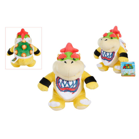 Gelber Bowser Jr. Plüsch aus Super Mario, von vorne, hinten und seitlich gezeigt, mit Super Mario Anhänger.