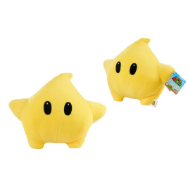 Zwei gelbe Super Mario Stern-Plüschfiguren mit schwarzen Augen aus verschiedenen Perspektiven.