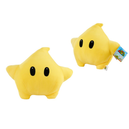 Zwei gelbe Super Mario Stern-Plüschfiguren mit schwarzen Augen aus verschiedenen Perspektiven.