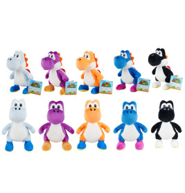 Zehn bunte Yoshi-Plüschfiguren in zwei Reihen, jeweils andersfarbig, mit Super Mario World Anhängern.