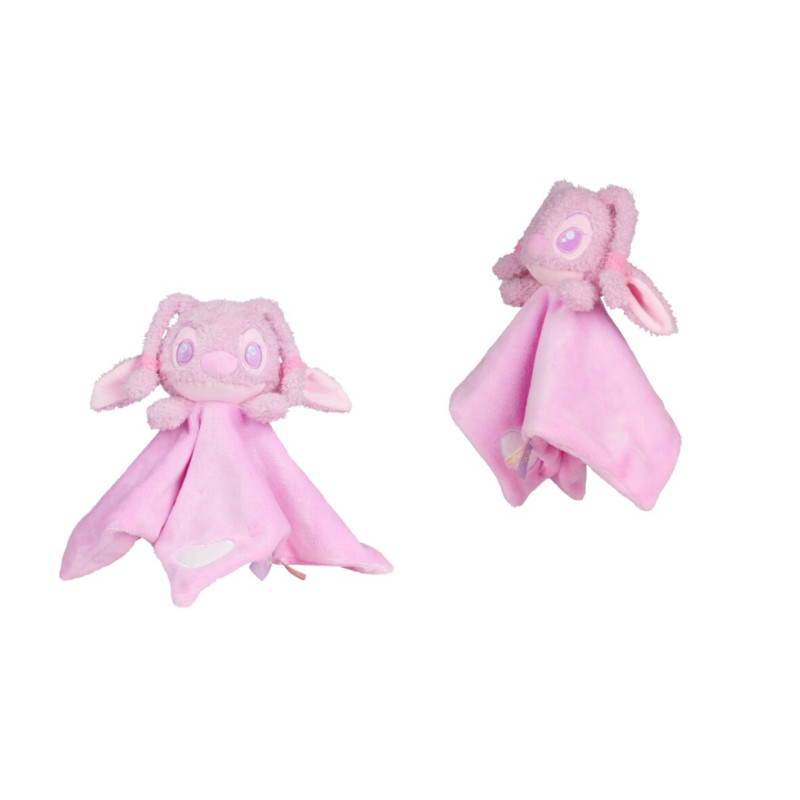 Zwei rosa Plüsch-Schnuffeltücher mit Tiergesichtern und Schlappohren, von weichen Decken umhüllt.