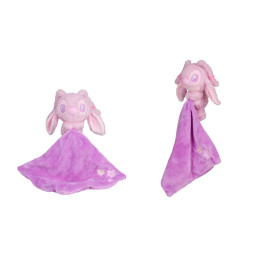 Zwei rosa Plüschtiere mit großen Augen halten jeweils eine lila Decke vor weißem Hintergrund.