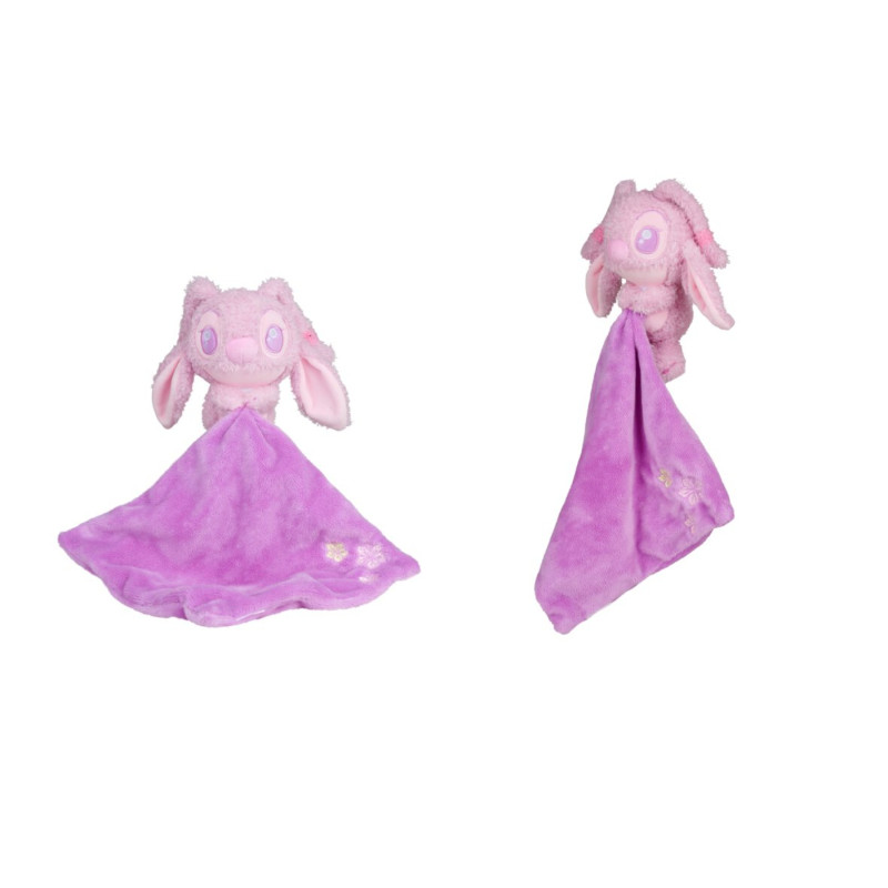 Zwei rosa Plüschtiere mit großen Augen halten jeweils eine lila Decke vor weißem Hintergrund.