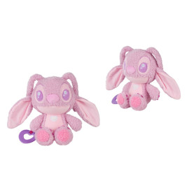 Zwei rosa Plüschhasen mit großen Ohren, violetten Augen und kleinen lila herzförmigen Schlüsselanhängern.