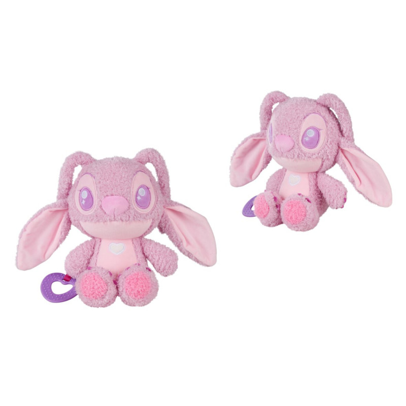 Zwei rosa Plüschhasen mit großen Ohren, violetten Augen und kleinen lila herzförmigen Schlüsselanhängern.