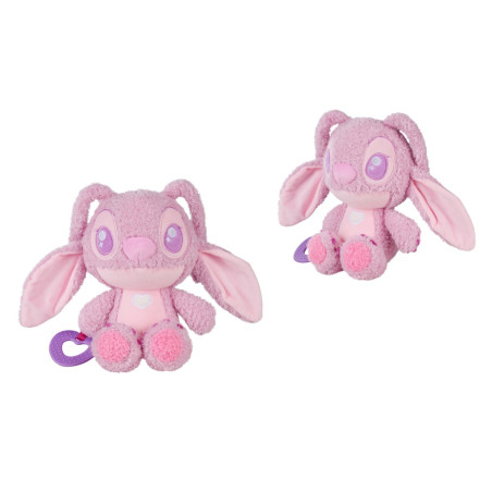 Zwei rosa Plüschhasen mit großen Ohren, violetten Augen und kleinen lila herzförmigen Schlüsselanhängern.