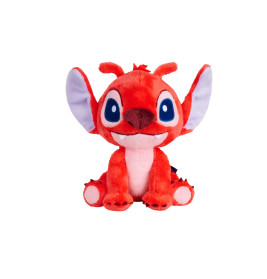 Rotes Plüschtier mit großen blau-weißen Ohren, großen Augen und breitem Lächeln sitzt auf weißem Hintergrund.