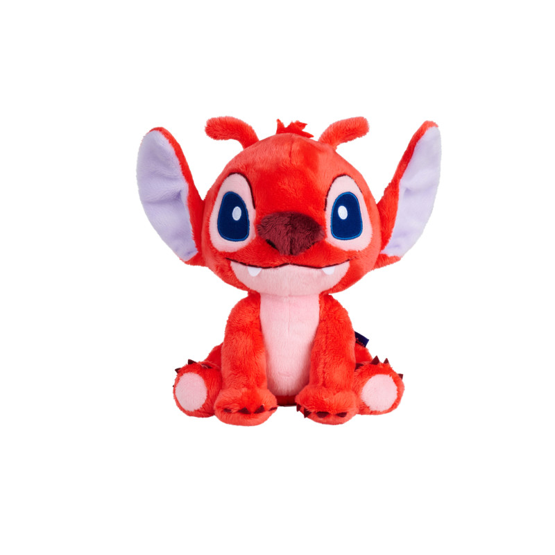 Rotes Plüschtier mit großen blau-weißen Ohren, großen Augen und breitem Lächeln sitzt auf weißem Hintergrund.