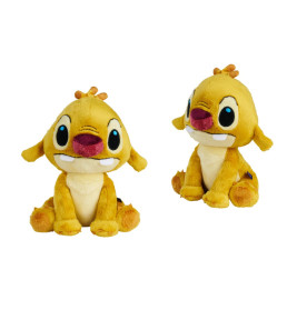 Zwei gelbe Plüschtiere mit großen Augen, Hasenzähnen und braunen Nasen sitzen nebeneinander auf weißem Hintergrund.