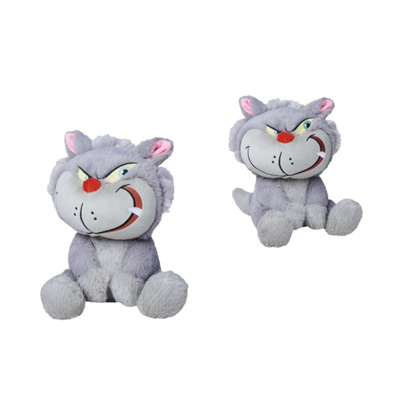 Zwei plüschige, graue Cartoon-Katzen mit rosa Ohren und breitem Grinsen sitzen auf weißem Hintergrund.