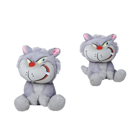 Zwei plüschige, graue Cartoon-Katzen mit rosa Ohren und breitem Grinsen sitzen auf weißem Hintergrund.