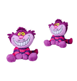 Zwei Stofftiere in Form einer lila Katze mit breitem Grinsen und gestreiftem Körper sitzen auf weißem Hintergrund.