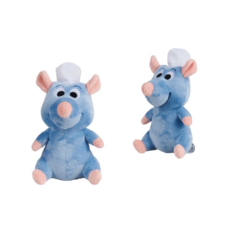 Zwei blaue Plüschratten mit rosa Nasen und weißen Kochmützen sitzen auf weißem Hintergrund.