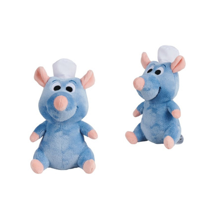 Zwei blaue Plüschratten mit rosa Nasen und weißen Kochmützen sitzen auf weißem Hintergrund.