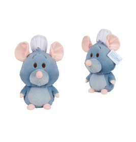 Zwei blau-graue Stoffmäuse mit rosa Ohren und weißen Kochmützen blicken in verschiedene Richtungen.