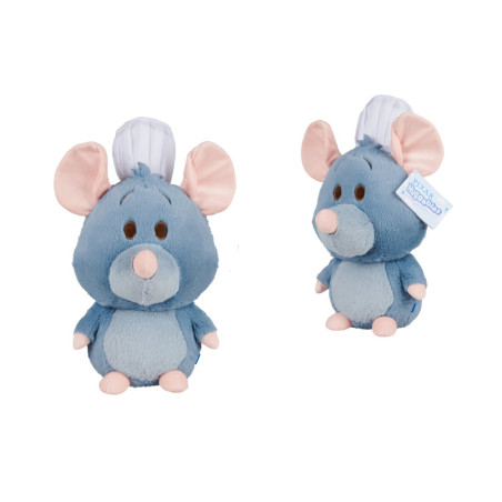 Zwei blau-graue Stoffmäuse mit rosa Ohren und weißen Kochmützen blicken in verschiedene Richtungen.