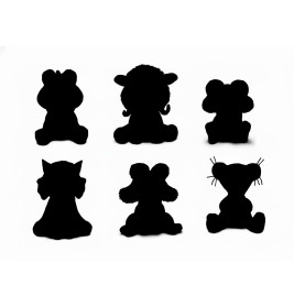 Sechs schwarze Tiersilhouetten sitzen nach vorne gerichtet in zwei Reihen auf weißem Hintergrund.