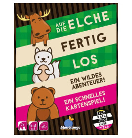 Spieleschachtel mit gezeichnetem Elch, Fuchs und Bär sowie deutschem Text zu einem schnellen Kartenspiel-Abenteuer.