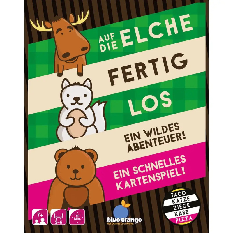 Spieleschachtel mit gezeichnetem Elch, Fuchs und Bär sowie deutschem Text zu einem schnellen Kartenspiel-Abenteuer.