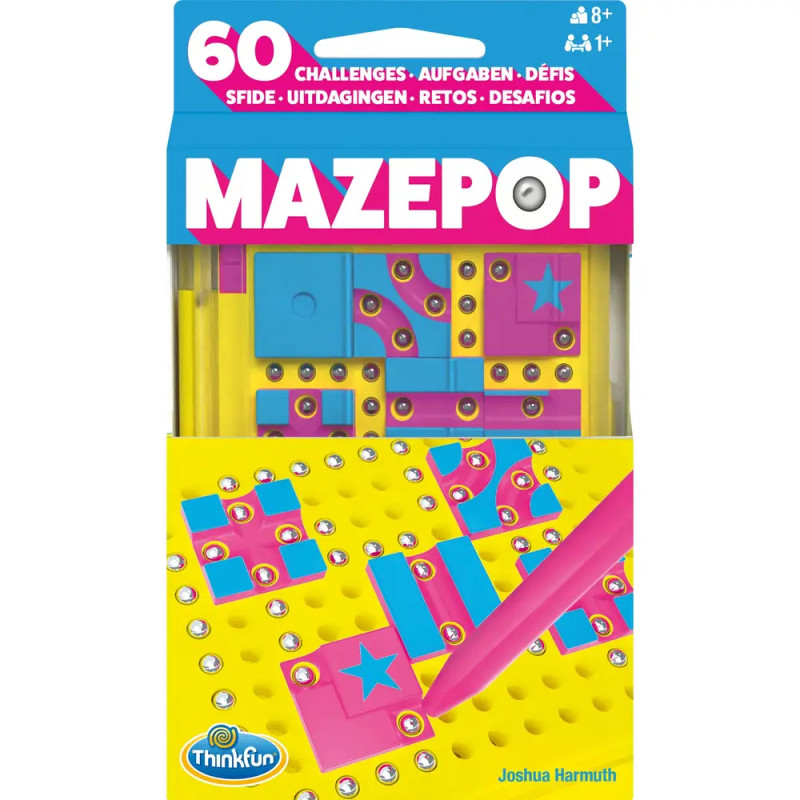 MazePop-Spiel von ThinkFun: Box mit pinken und blauen Teilen, Stylus und 60 Aufgaben-Karten.