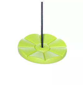 Grüner Scheiben-Schaukelsitz mit schwarzem Seil in der Mitte, freigestellt vor weißem Hintergrund.