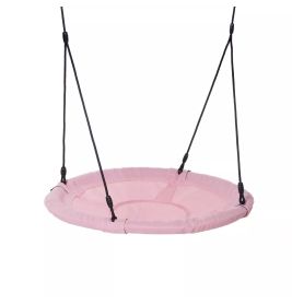 Runder, pinker Tellerschaukel mit schwarzen Seilen, leer und hängend vor weißem Hintergrund.