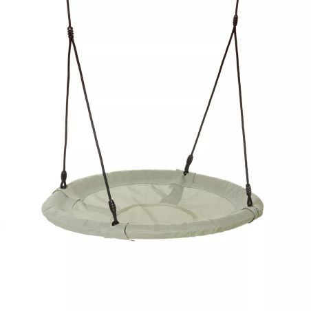 Runder, grauer Schaukelsitz aus Stoff hängt an vier schwarzen Seilen vor weißem Hintergrund.