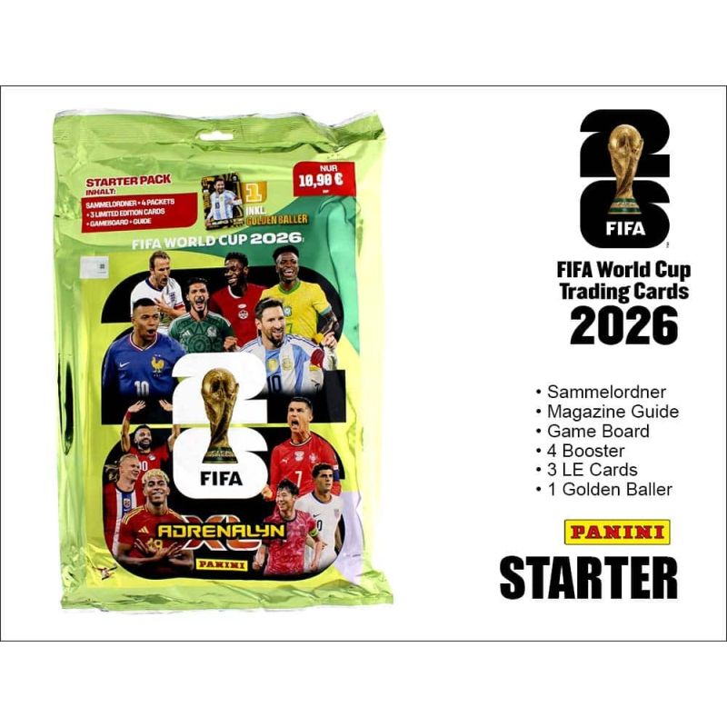 Panini Adrenalyn Starterpack zur FIFA WM 2026 mit Karten, Magazin-Guide und einer Golden Baller-Karte.