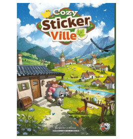 Buntes Brettspielcover mit Dorfszene: Tiere, Menschen, Häuser und Berge in friedlicher Umgebung.