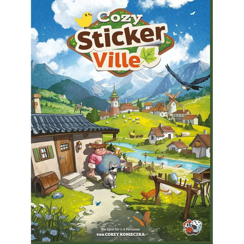Buntes Brettspielcover mit Dorfszene: Tiere, Menschen, Häuser und Berge in friedlicher Umgebung.