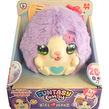 Plüschfigur mit lila Haaren, großen Augen und Herzmotiv in bunter Funtasy Family Kissomeez Verpackung.