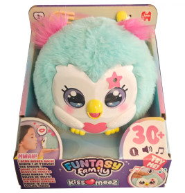 Runder, blauer Plüschvogel mit pinken Akzenten in Verpackung mit Aufschrift Funtasy Family KissMeez.