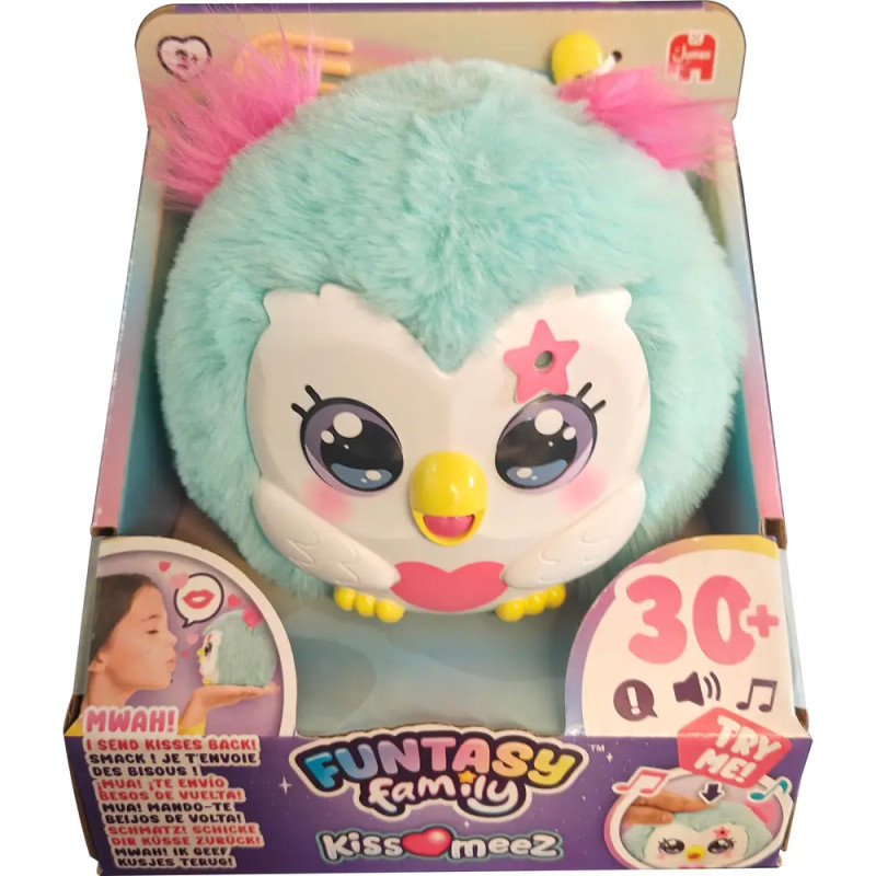 Runder, blauer Plüschvogel mit pinken Akzenten in Verpackung mit Aufschrift Funtasy Family KissMeez.