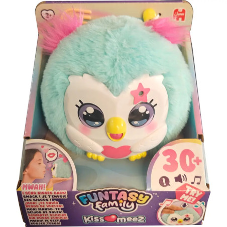 Runder, blauer Plüschvogel mit pinken Akzenten in Verpackung mit Aufschrift "Funtasy Family KissMeez".
