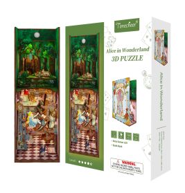 Alice im Wunderland 3D-Puzzlebox mit beleuchteter, detailreicher Buchnische und verschiedenen Fantasiefiguren.