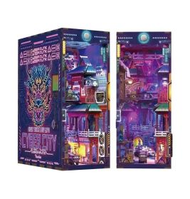 Buntes Cyberpunk-Stadtbild mit Neonlichtern, Gebäuden und futuristischen Mustern auf rechteckiger Verpackung.