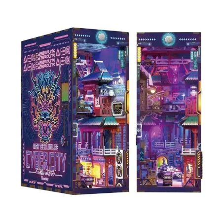 Buntes Cyberpunk-Stadtbild mit Neonlichtern, Gebäuden und futuristischen Mustern auf rechteckiger Verpackung.