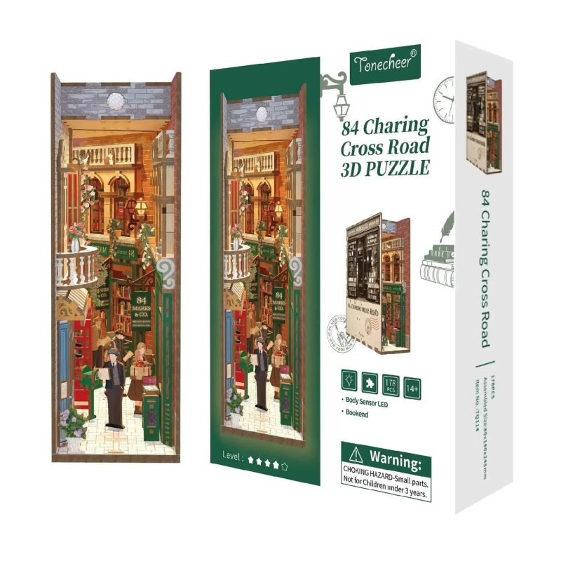 Tenecheer 84 Charing Cross Road 3D Puzzle: Box mit Buchladen-Illustration auf der Vorderseite.