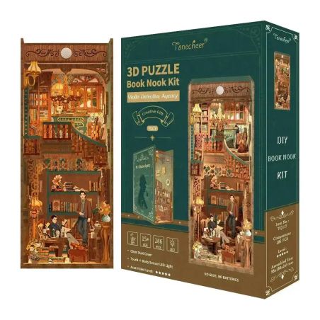 3D-Puzzle-Book-Nook-Bausatz mit Detektivbüro im Vintage-Stil und detailliert gestaltetem Bücherregal.